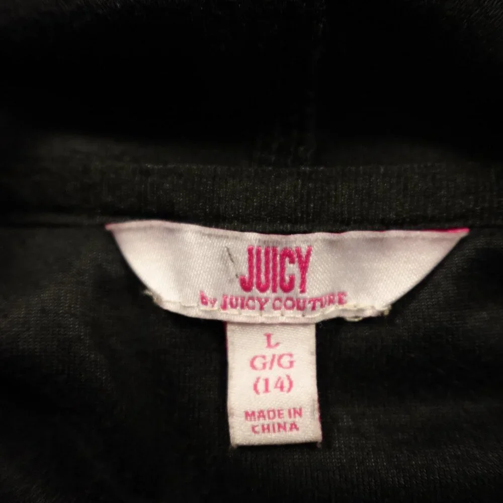 Juicy Couture‎ Girls Velour Hoodie Large Black Crown Logo Zip Up Juicy Hood